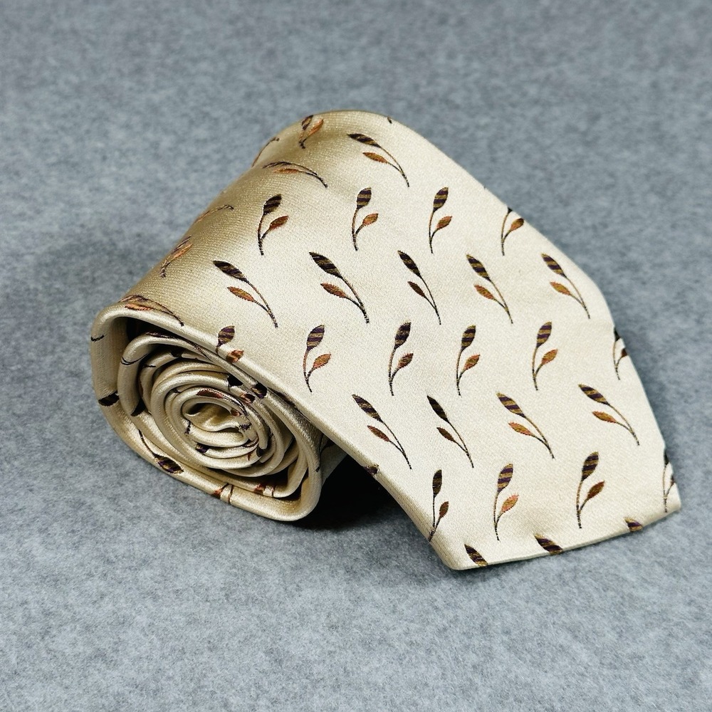 Vintage Audrey Buckner Silk Tie Cream Leaf Pattern Wide Width 57x4"